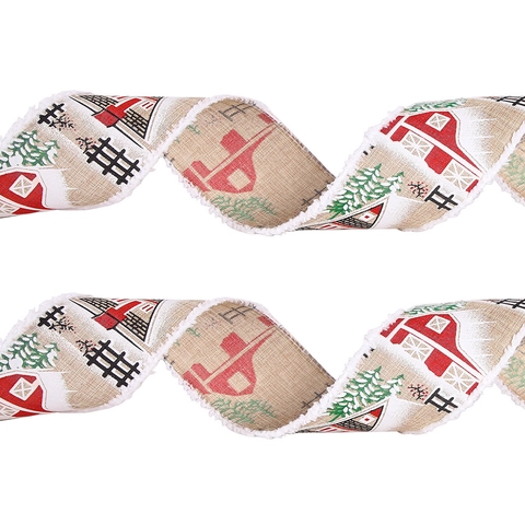 Vintage Christmas Ribbon Faux Burlap With Plush Edge Rural Cottage Snowy Spruce Print For Xmas Tree DIY Home Party Decor