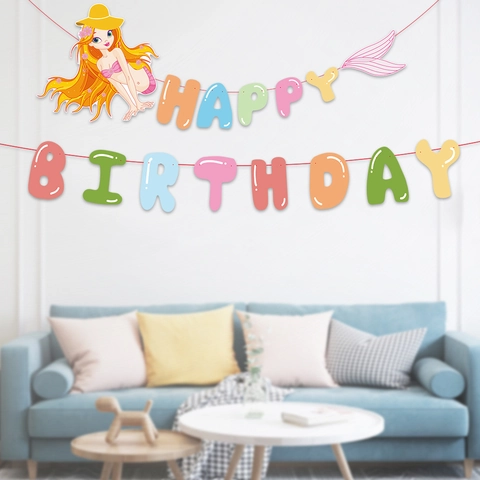Happy Birthday Paper Banner Colorful Cartoon Mermaid Theme Hanging Garland For Children Birthday Party Decorations