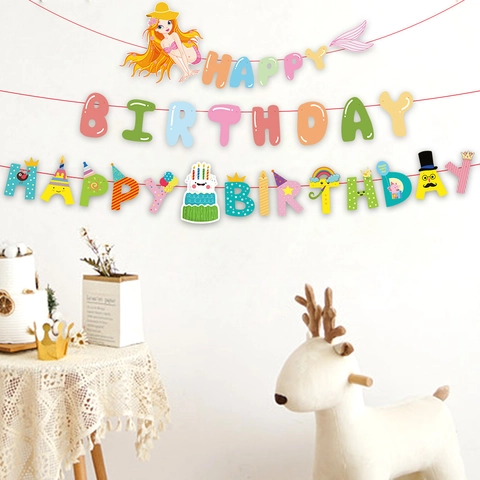 Happy Birthday Paper Banner Colorful Cartoon Mermaid Theme Hanging Garland For Children Birthday Party Decorations