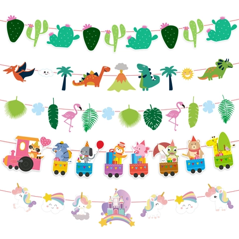 Striscione di Carta a Tema Treno di Animali Cartone Animato Decorazione Festa Hawaiana Fenicottero Dinosauro Unicorno Ghirlanda Appesa