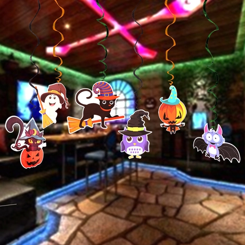 Decorazioni a Spirale Sospese per Halloween Set 6 Pezzi Cartone Animato Pipistrello Fantasma Gufo Gatto Zucca Cappello da Strega