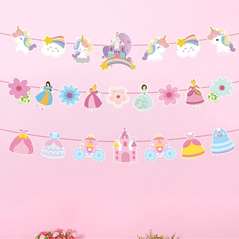 Banner Cartoon per Festa di Compleanno Bambini Ghirlanda di Carta Unicorno Principessa Castello Arcobaleno per Decorazione Parete