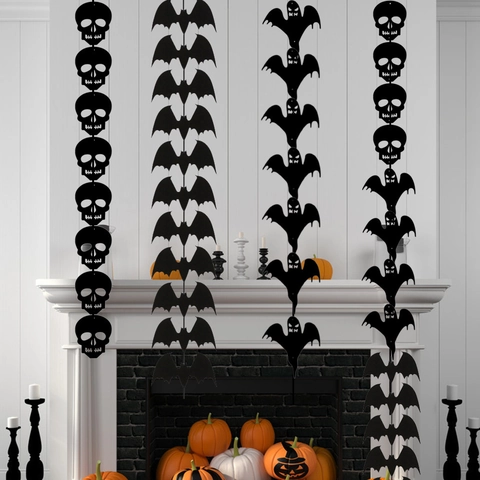 Décoration à Suspendre Halloween Guirlande en Tissu Non Tissé Noir Chauve Souris Crâne Fantôme Bannière pour Décor de Fête