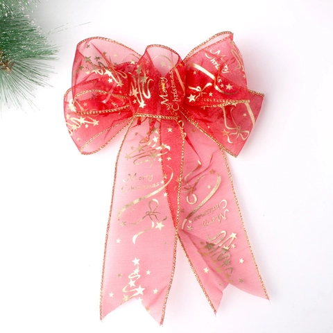Red Christmas Mesh Bow With Gold Merry Christmas Print And Wired Edge For Festive Tree Decoration Party Home Ornament Craft