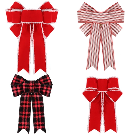 Nœud de Décoration de Noël en Velours Rouge et Carreaux Buffalo pour Sapin de Noël Couronne Ornement de Fête Maison