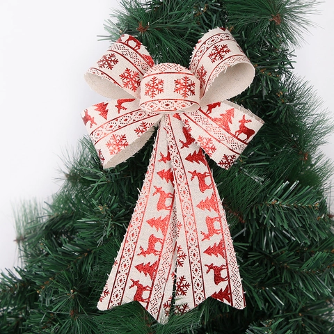 Große Weihnachtsbaumschleife Dekoration Baumwolle Rentier Schneeflocke Druck Rot Beige Festliche Party Geschenkschleife