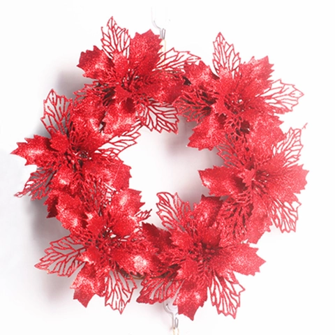 Künstlicher Glitzer Weihnachtsstern Weihnachtskranz Rattanring Hohl-Design Für Haus Tür Wand Feiertag Deko Ornament