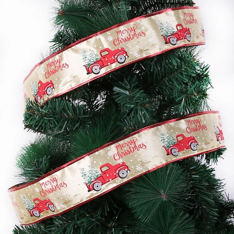 Weihnachten Dekoband Roter Pickup Baum Muster Drahtkante Band Für Festliche Baumschmuck Geschenkverpackung Dekoration