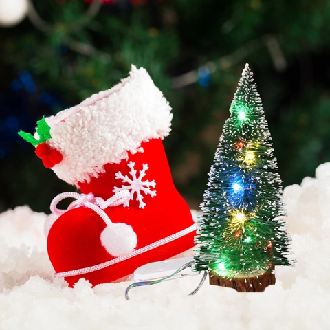 Mini Christmas Tree Artificial Cedar Pine Needle With Wooden Base LED Lights Snow Tipped Desktop Decoration Home Office