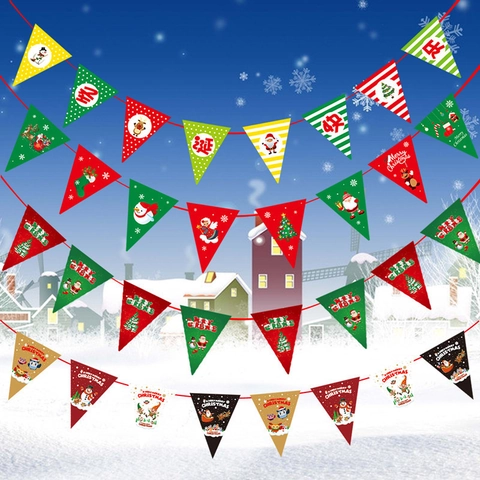 Weihnachten Papier Dreieck Wimpelkette Merry Christmas Party Dekoration Cartoon Weihnachtsmann Rentier Schneemann Muster