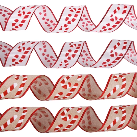 Weihnachten Deko-Band Zuckerstange Muster Jute Satin Stoff Glitzer Roter Rand Band Für Baum Party Dekoration