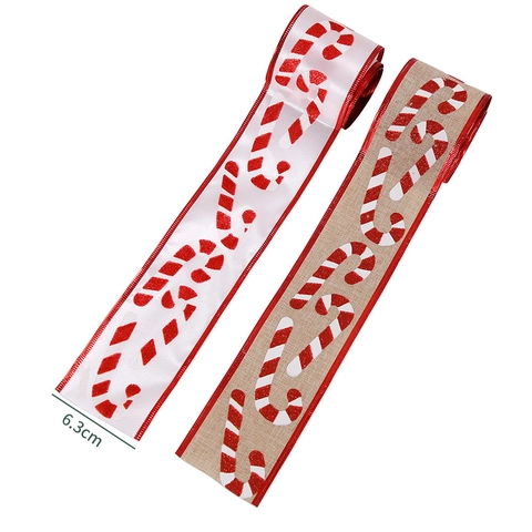 Weihnachten Deko-Band Zuckerstange Muster Jute Satin Stoff Glitzer Roter Rand Band Für Baum Party Dekoration