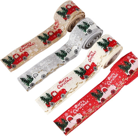 Cinta de Lino de Navidad Con Camión Rojo Muñeco de Nieve Estampado Cinta de Arpillera para Decoraciones de Árbol de Navidad Envoltura de Regalos