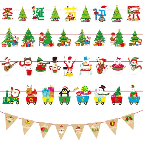 Kerstmis Papieren Banner Slingers Creatieve Cartoon Rendier Sneeuwpop Patroon Wimpels Voor Vakantie Feest Binnen Muur Decoratie
