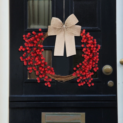 Artificial Christmas Berry Wreath With Gold Mesh Bow Natural Vine Base Red Berry Garland For Front Door Holiday Wall Decoration