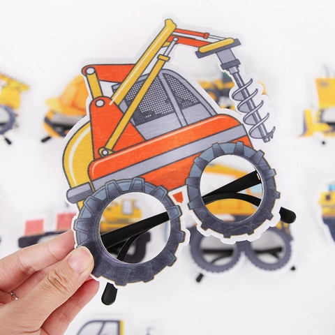 Occhiali da Festa a Tema Veicoli da Cantiere per Bambini Escavatore Bulldozer Compleanno Divertenti Foto Oggetti Scena