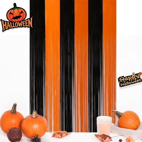 Tenda a Frange in Lamina Metallica per Halloween Sfondo Arancione e Nero Tinsel Streamers per Decorazione Feste Spettrali e Casa Stregata