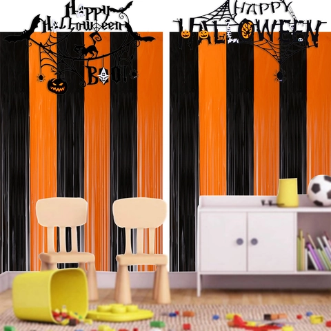 Halloween Party Decoration Set Orange Black Foil Fringe Curtain With Pumpkin Spider Skeleton Banner For Home Bar Decor