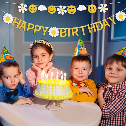 Felt Happy Birthday Banner For Kids Party Decoration Colorful Shark Rabbit Daisy Pattern Hanging Garland Banners Birthday Pull Flag Decoration