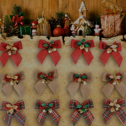 Weihnachtsbaum Schleifen Ornamente Mit Goldenen Glocken Stechpalmenblätter Jute Samt Karierte Schleifen Für Geschenkbox DIY Deko