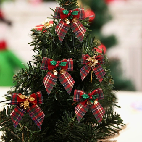 Noeuds De Noël Mini Ornements À Suspendre Avec Clochettes Feuilles De Houx Pour Sapin Décoration Cadeau Lin Plaid Festif