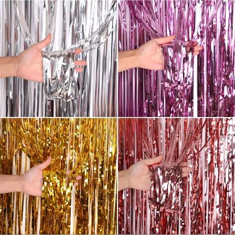 Metallic Foil Tinsel Fringe Curtain Party Decoration Birthday Wedding Background Wall Backdrop Streamer Plain Photo Prop