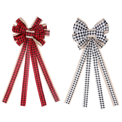 Christmas Tree Topper Large Buffalo Plaid Bow Burlap Edged Ribbon Bow For Festive Party Home Decor Red Black White Check