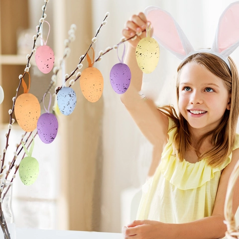 Speckled Foam Easter Egg Hanging Decorations With Colorful Ribbons For Holiday Party Home Decor Spring Festival Favors Ornament