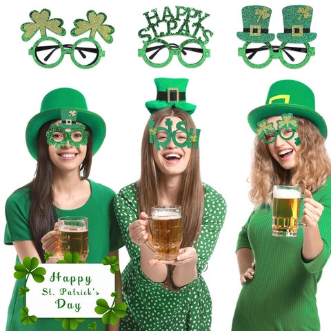St. Patrick's Day Glitzer Kleeblatt Brille Irisches Grünes Zylinder Kostüm Brillengestell Für Party Foto Requisite Deko