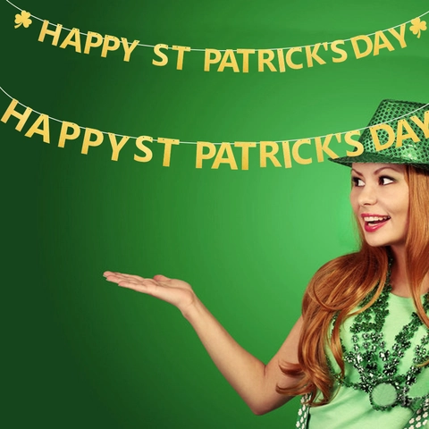 Striscione per Festa di San Patrizio Oro Glitter Trifoglio Ghirlanda Appesa Decorazione Sfondo Celebrazione Irlandese