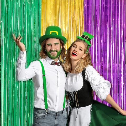 Tenda a Frange in Lamina Carnevale 2m Verde Oro Viola Tinsel Sfondo per Decorazioni per Feste di Carnevale e San Patrizio