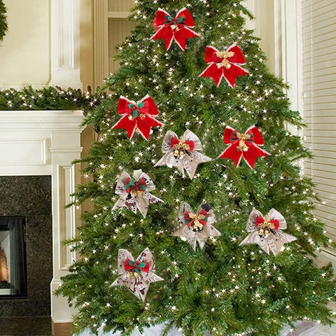 Weihnachtsbaum Dekoration Schleifen Mit Goldenen Glocken Rot Kariert Sackleinen Samt Schleifenknoten Für Feiertagsparty Deko