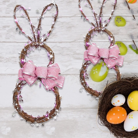 Corona de Ratán con Forma de Conejo de Pascua Con Luces LED Lazo de Lentejuelas Rosas Estrella Decoración para Pared Puerta Fiesta