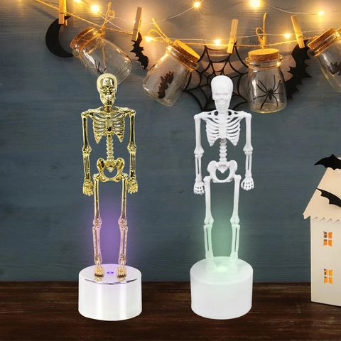 Ornamento Teschio Luminoso di Halloween in Plastica LED Scheletro Luce Oro Bianco Arancione Decorazione Tavolo