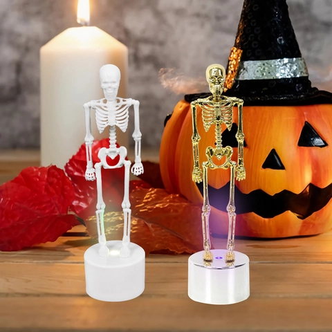 Halloween Luminous Skeleton Ornament LED Light Base Decorative Plastic Skull Figurine Glowing Ghost Festival Party Atmosphere Desk Decor