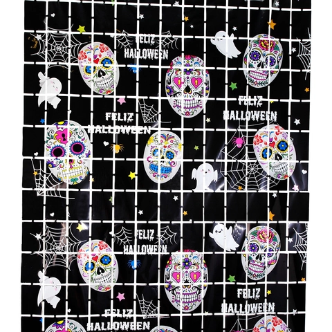Halloween Tag Der Toten PET Folien Fransen Vorhang Totenkopf Spinnennetz Muster Festlich Party Kulisse Tür Dekoration
