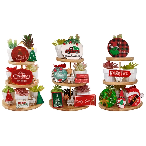 Ensemble de Décoration de Plateau à Étages de Noël en Bois Panneaux de Fête Style Européen Ornement de Bureau Noël