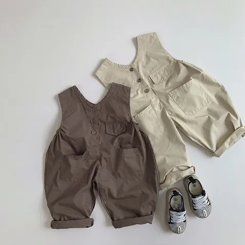 Kids Retro Katoenen Bib Overalls Koreaanse Stijl Effen Kleur Dunne Jumpsuit Voor Peuters Jongens Meisjes Comfortabele Dagelijkse Outfits