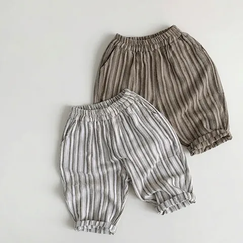 Kids Korean Style Casual Striped Pants Summer 100% Cotton Cropped Trousers For Boys And Girls Elastic Waist Daily Wear