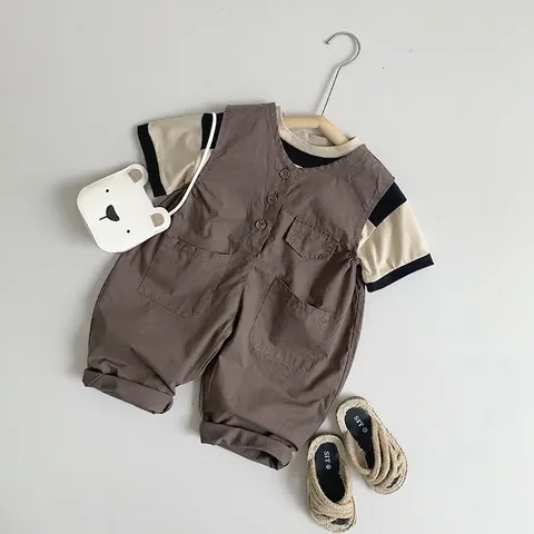 Koreanischer Stil Kleinkinder Kinder Farbblock Baumwolle T-Shirt Kontrastfarbe Kurzarm Rundhals Lässige Oberteile Für Jungen Mädchen