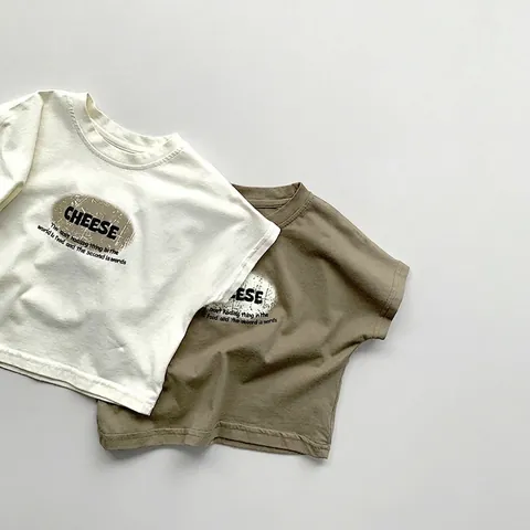 T-Shirt à Manches Courtes en Coton pour Enfants Style Coréen Imprimé Lettres Cheese Décontracté Col Rond Respirant Top Été