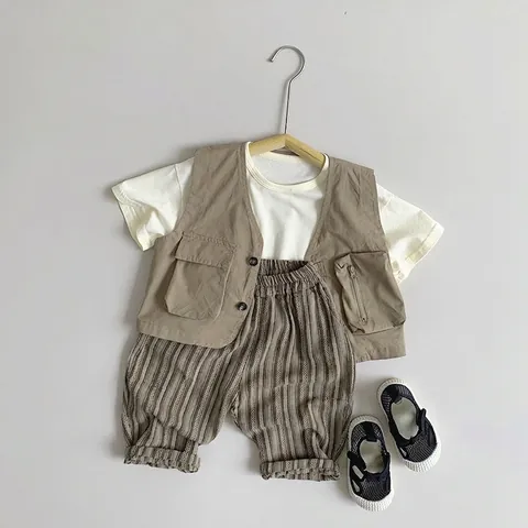 Kids Korean Style Casual Striped Pants Summer 100% Cotton Cropped Trousers For Boys And Girls Elastic Waist Daily Wear