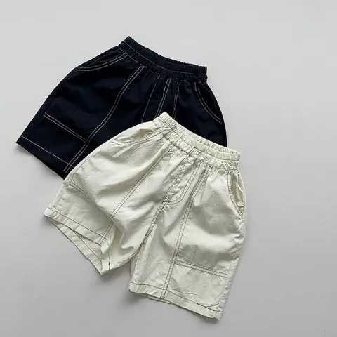 Kids Cotton Casual Shorts Contrast Stitching Elastic Waist Summer Loose Shorts For Boys Girls 80-130