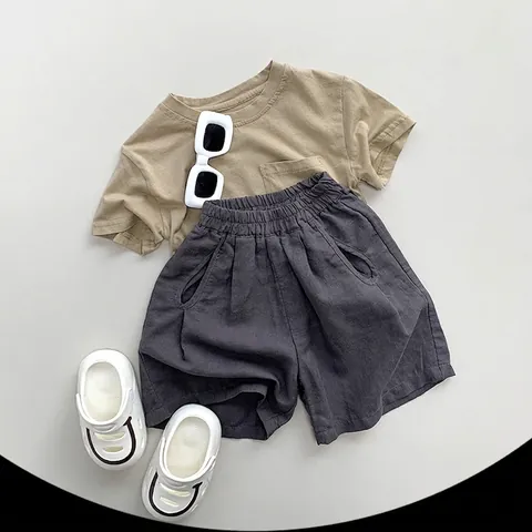 Short en Coton et Lin pour Enfants Été Respirant Décontracté Pantalon Large pour Garçons Filles Style Coréen Couleur Unie