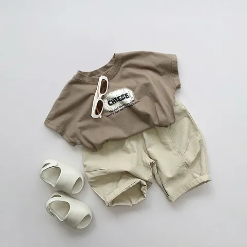T-Shirt à Manches Courtes en Coton pour Enfants Style Coréen Imprimé Lettres Cheese Décontracté Col Rond Respirant Top Été