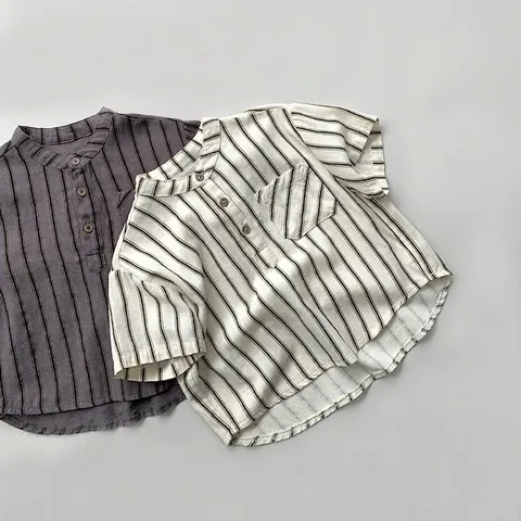 Kids Cotton Vertical Stripe Short Sleeve Shirt Henley Stand Collar Casual Japanese Korean Style Summer Boys Girls Tops