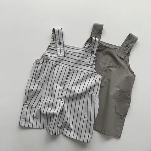 Summer Toddler Kids Overalls Camel Hair Suspender Shorts Striped Solid Casual Jumpsuit For Boys Girls Japanese Korean Style