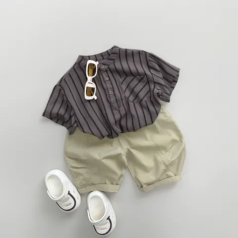 Kids Cotton Vertical Stripe Short Sleeve Shirt Henley Stand Collar Casual Japanese Korean Style Summer Boys Girls Tops