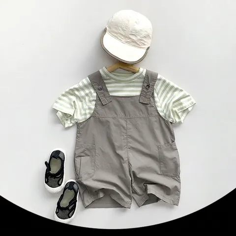 Summer Toddler Kids Overalls Camel Hair Suspender Shorts Striped Solid Casual Jumpsuit For Boys Girls Japanese Korean Style