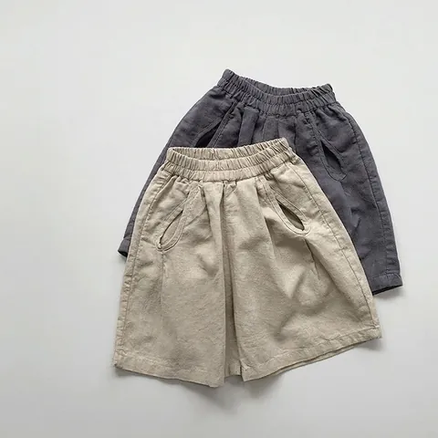 Short en Coton et Lin pour Enfants Été Respirant Décontracté Pantalon Large pour Garçons Filles Style Coréen Couleur Unie